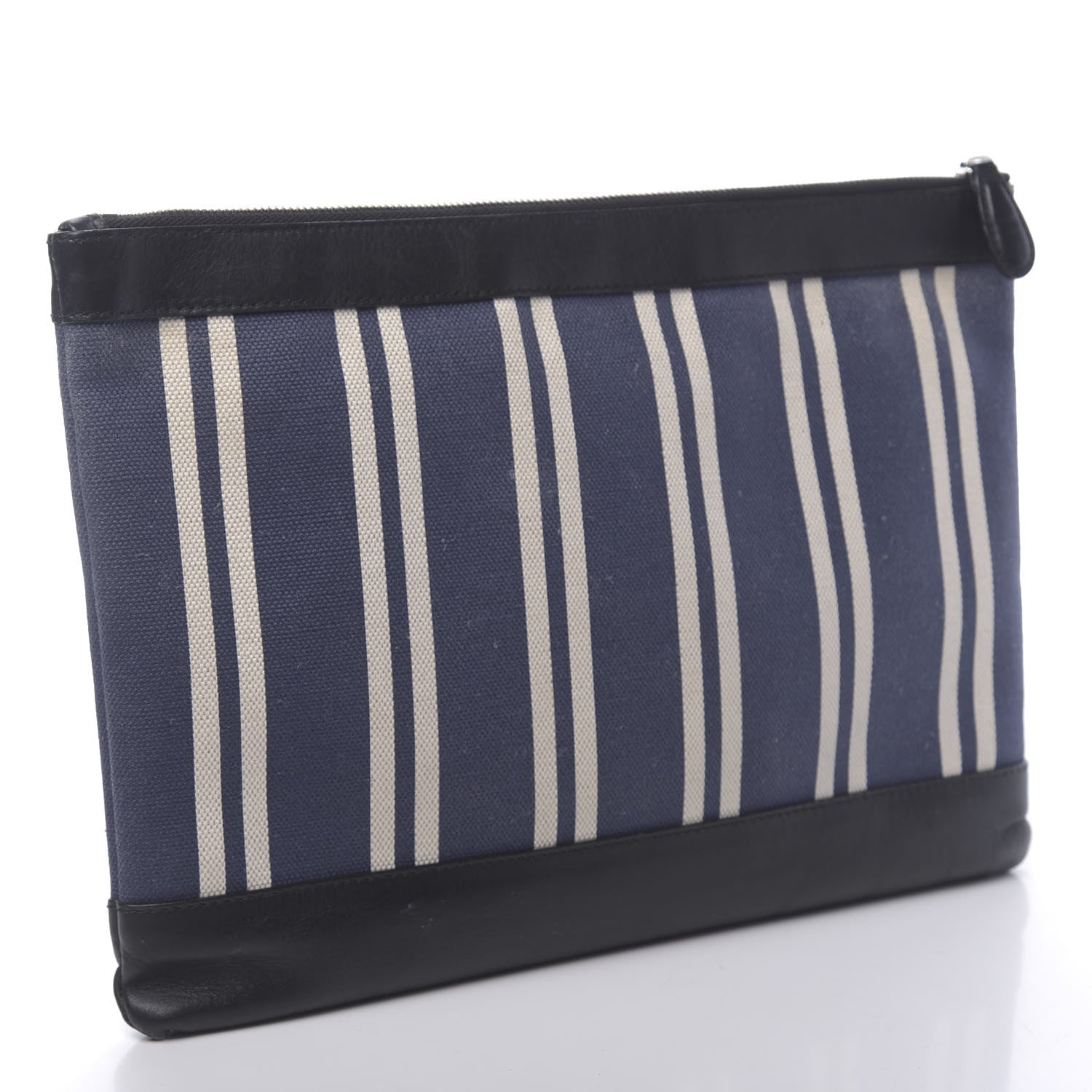 Balenciaga Calfskin Cotton Canvas Striped Logo Clutch Navy 3 of 11
