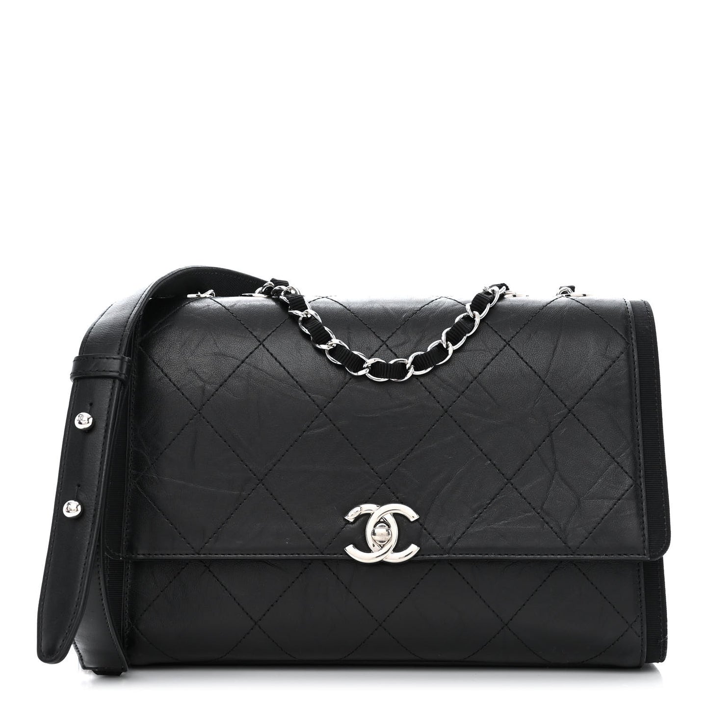 Crumpled Calfskin Flap Bag Black