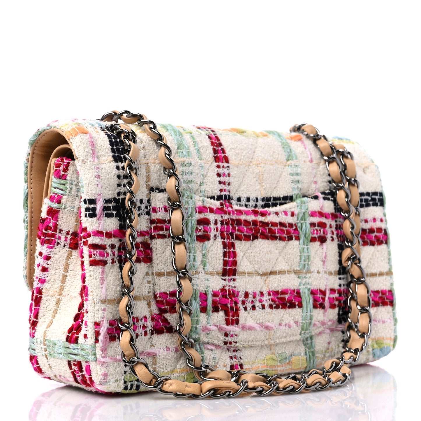 Tweed Quilted Medium Double Flap Beige Pink