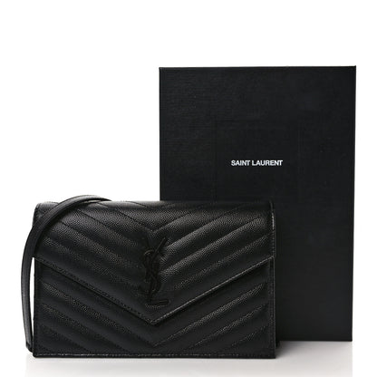 Saint Laurent Grain De Poudre Matelasse Chevron Monogram Monochrome Envelope Chain Wallet Black 9 of 9