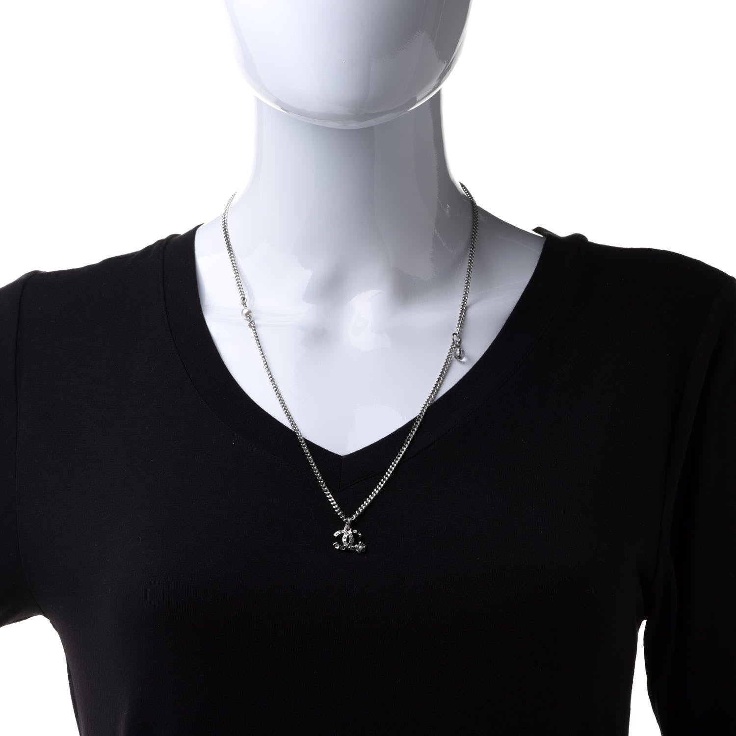 Chanel Pearl Crystal CC Pendant Necklace Silver 2 of 6