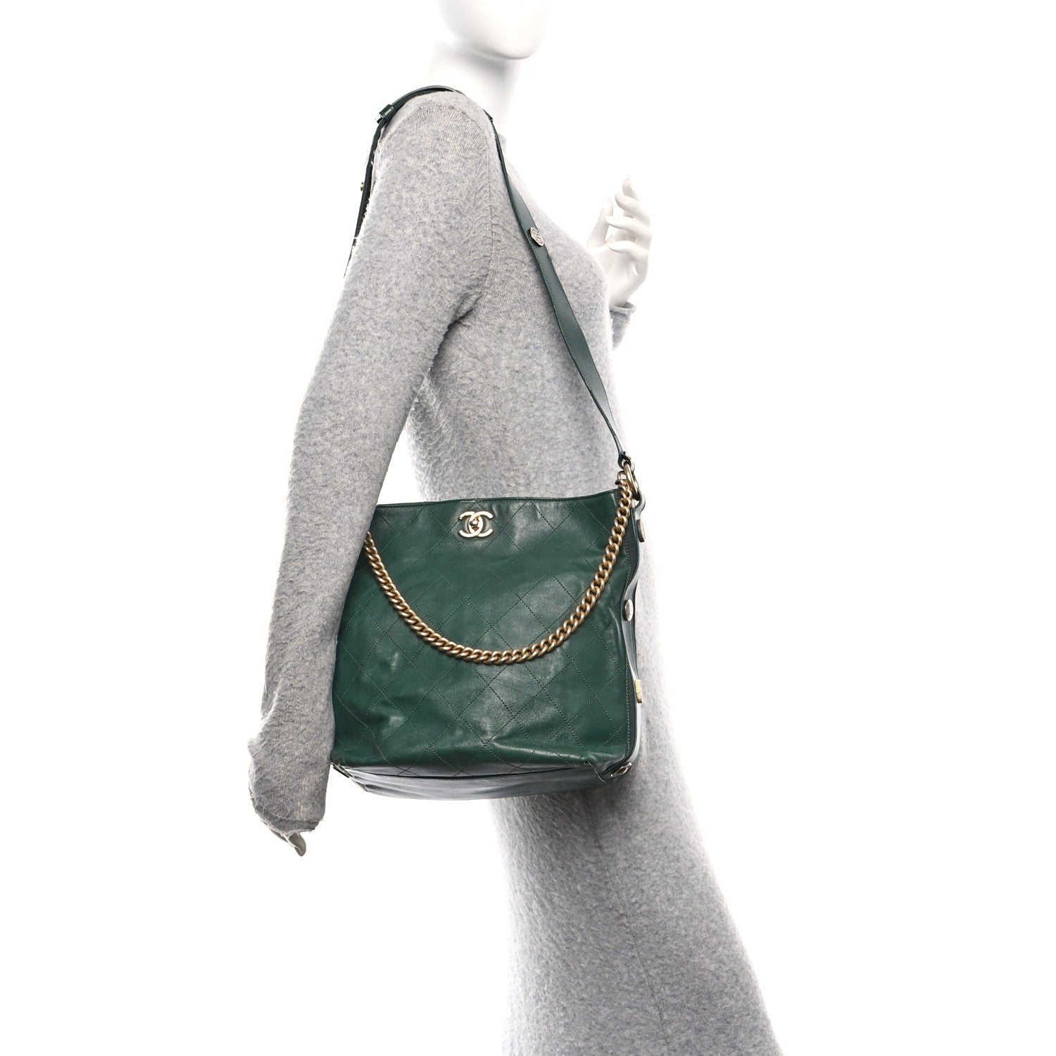 Chanel Calfskin Stitched Large Button Up Hobo Dark Green 2 of 10