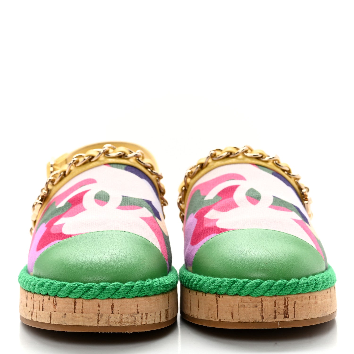 Chanel Lambskin Cotton Cork Printed Cap Toe Chain Mules Sandals 36 Multicolor Green 2 of 13