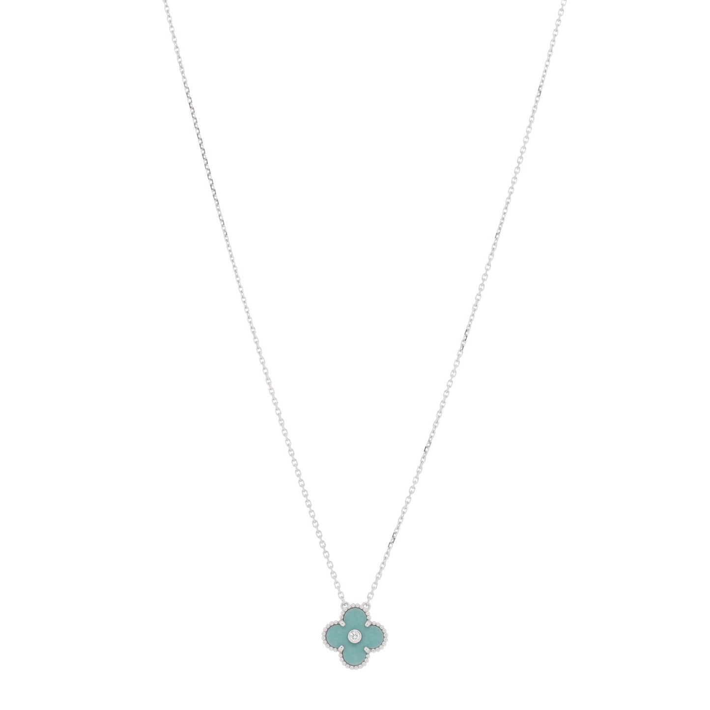 VAN CLEEF & ARPELS 18K White Gold Diamond Celadon Green Sevres Porcelain Vintage Alhambra Pendant Necklace