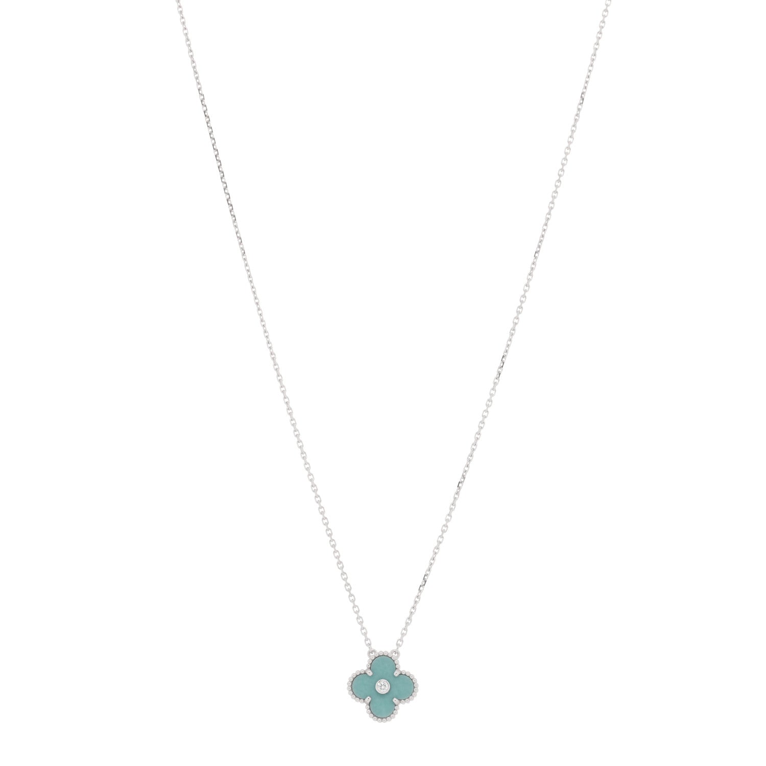 Van Cleef & Arpels VAN CLEEF & ARPELS 18K White Gold Diamond Celadon Green Sevres Porcelain Vintage Alhambra Pendant Necklace 1 of 4