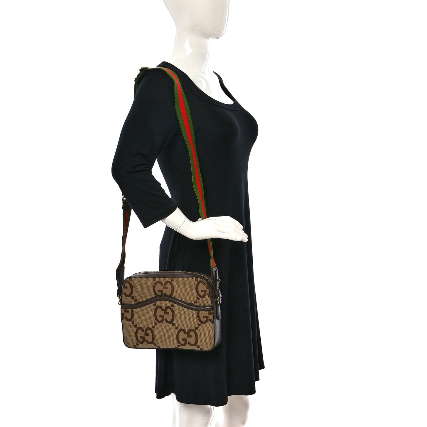 Monogram Jumbo GG Textured Dollar Calfskin Web Messenger Shoulder Bag Camel Ebony New Acero
