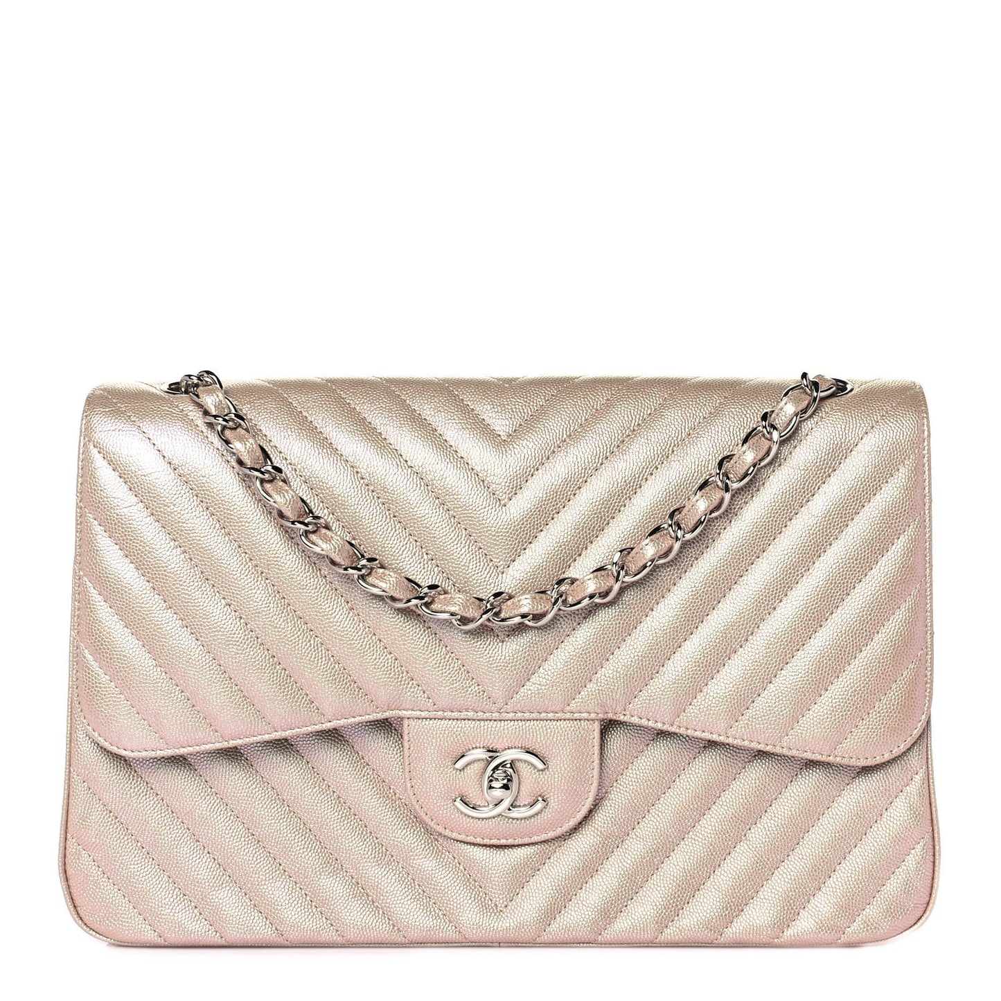 Metallic Caviar Chevron Quilted Jumbo Double Flap Light Gold