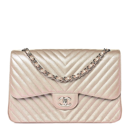 Chanel Metallic Caviar Chevron Quilted Jumbo Double Flap Light Gold 1 of 9