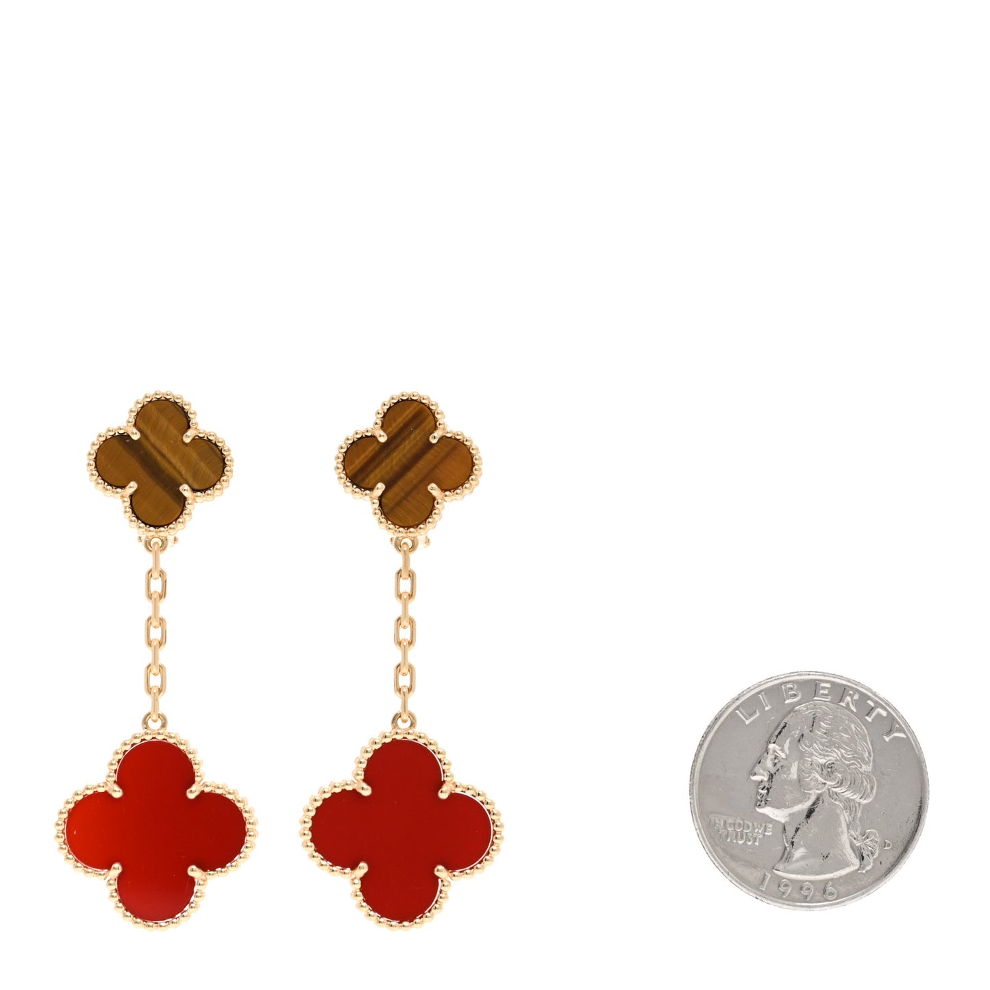 18K Yellow Gold Tiger Eye Carnelian 2 Motifs Magic Alhambra Earrings