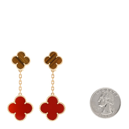 Van Cleef & Arpels 18K Yellow Gold Tiger Eye Carnelian 2 Motifs Magic Alhambra Earrings 2 of 5