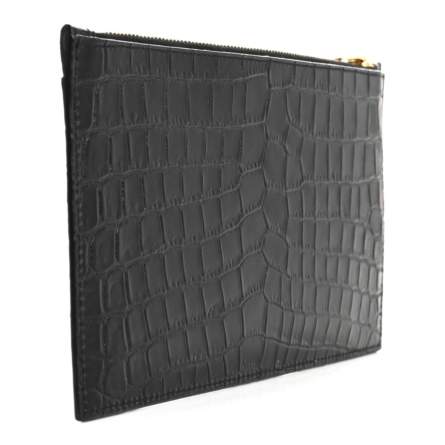 Saint Laurent Calfskin Crocodile Embossed Monogram Bill Pouch Black 3 of 11