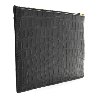 Saint Laurent Calfskin Crocodile Embossed Monogram Bill Pouch Black 3 of 11