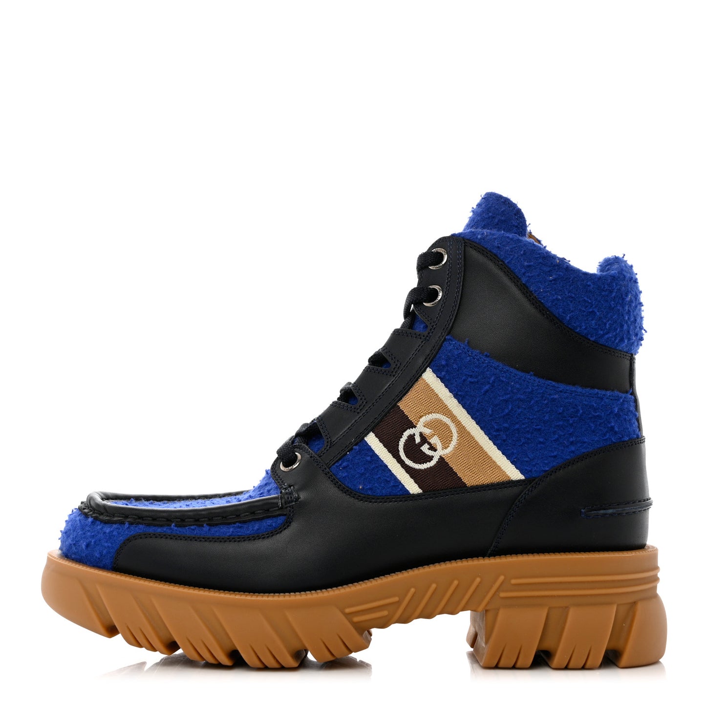 Casy Wool Quebec Calfskin Web Mens Interlocking G Lace Up Combat Boots 8.5 Blue China Blue