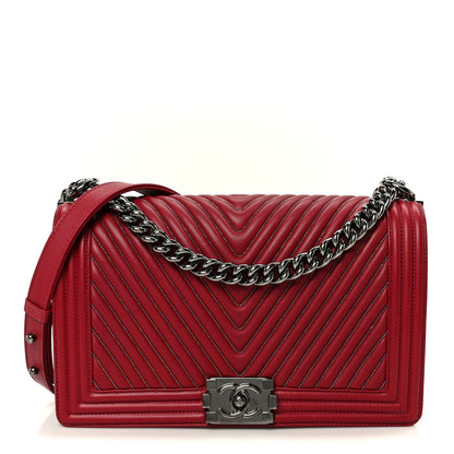 Chanel Calfskin Chevron Quilted Large Chain Boy Flap Red 1 of 10