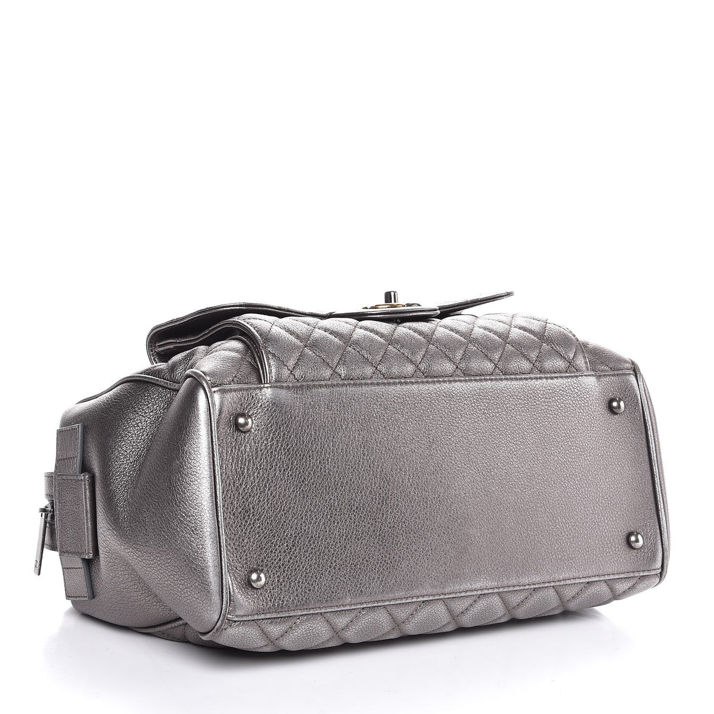 Metallic Grained Calfskin Quilted Large Casual Pocket Bowling Bag Silver