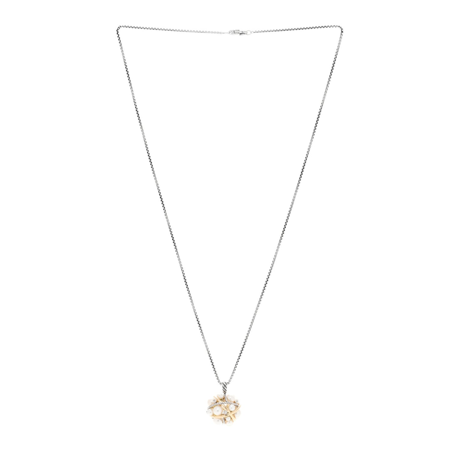 Sterling Silver 18K Yellow Gold Diamond Cultured Pearl Cluster Pendant Necklace