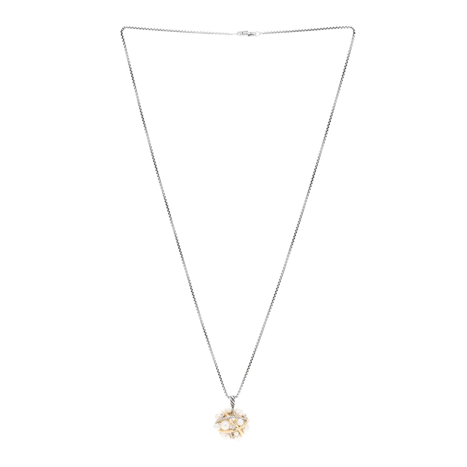 David Yurman Sterling Silver 18K Yellow Gold Diamond Cultured Pearl Cluster Pendant Necklace 3 of 4