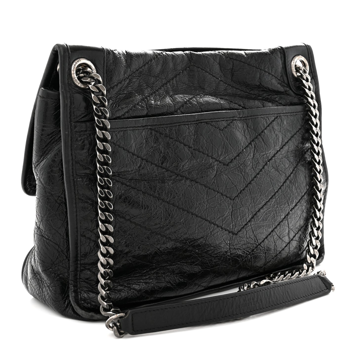 Crinkled Calfskin Matelasse Monogram Medium Niki Chain Satchel Black