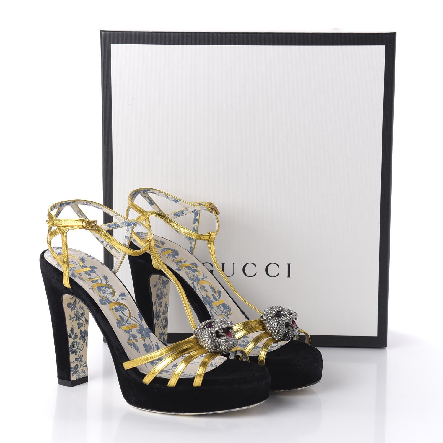 Gucci Velvet Nappa Elias T-Strap Platform High Heel Sandals 37 Black Gold 8 of 9