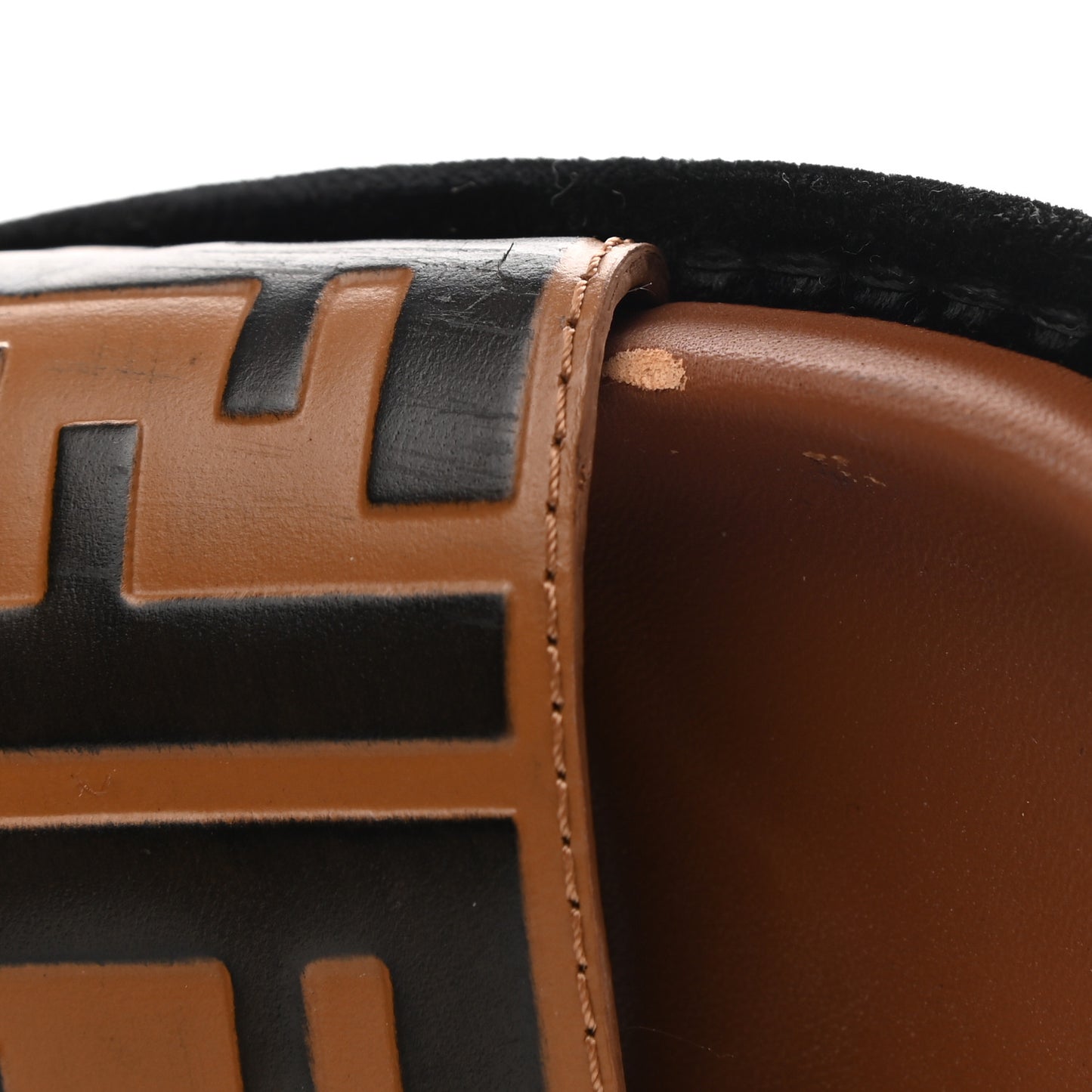 Calfskin FF Embossed Pearland Slide Sandals 36.5 Tobacco Moro