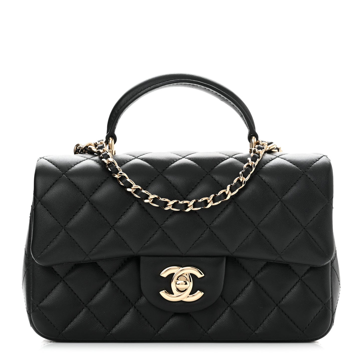 Lambskin Quilted Mini Top Handle Rectangular Flap Black
