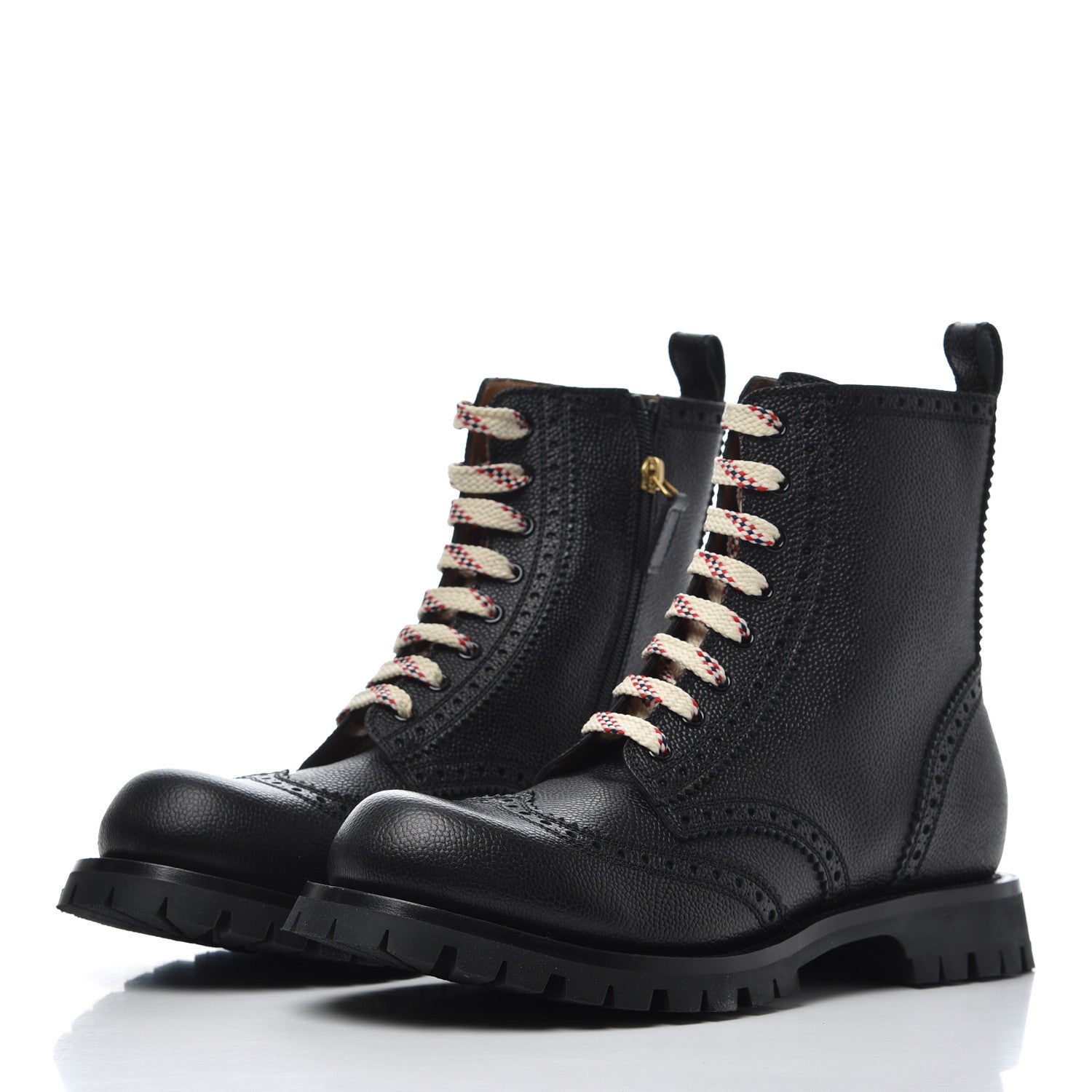 Gucci Grained Calfskin Mens Brogue Wingtip Lug Sole Boots 8 Black 3 of 9
