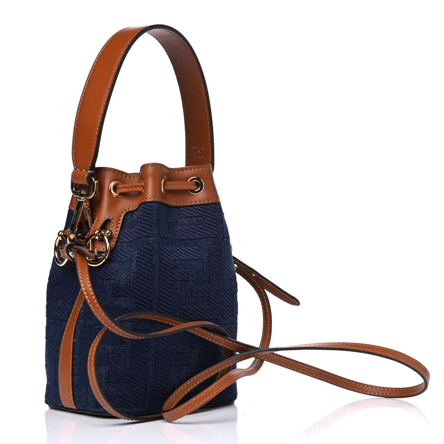 Denim Vitello King F is Fendi FF Embroidered Mini Mon Tresor Bucket Bag Blue Cuoio