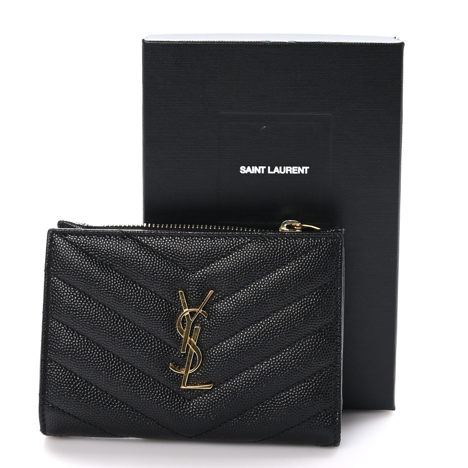 Saint Laurent Grain De Poudre Matelasse Chevron Monogram Zipped Two-Part Wallet Black 9 of 9