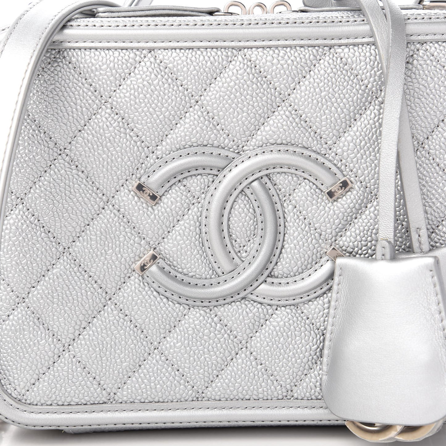 Metallic Caviar Quilted Medium CC Filigree Vanity Case Silver