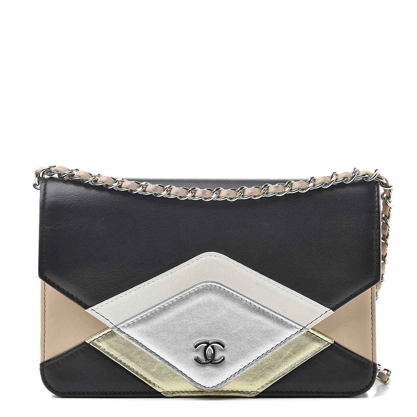 Metallic Lambskin Chevron Wallet On Chain WOC Black Beige