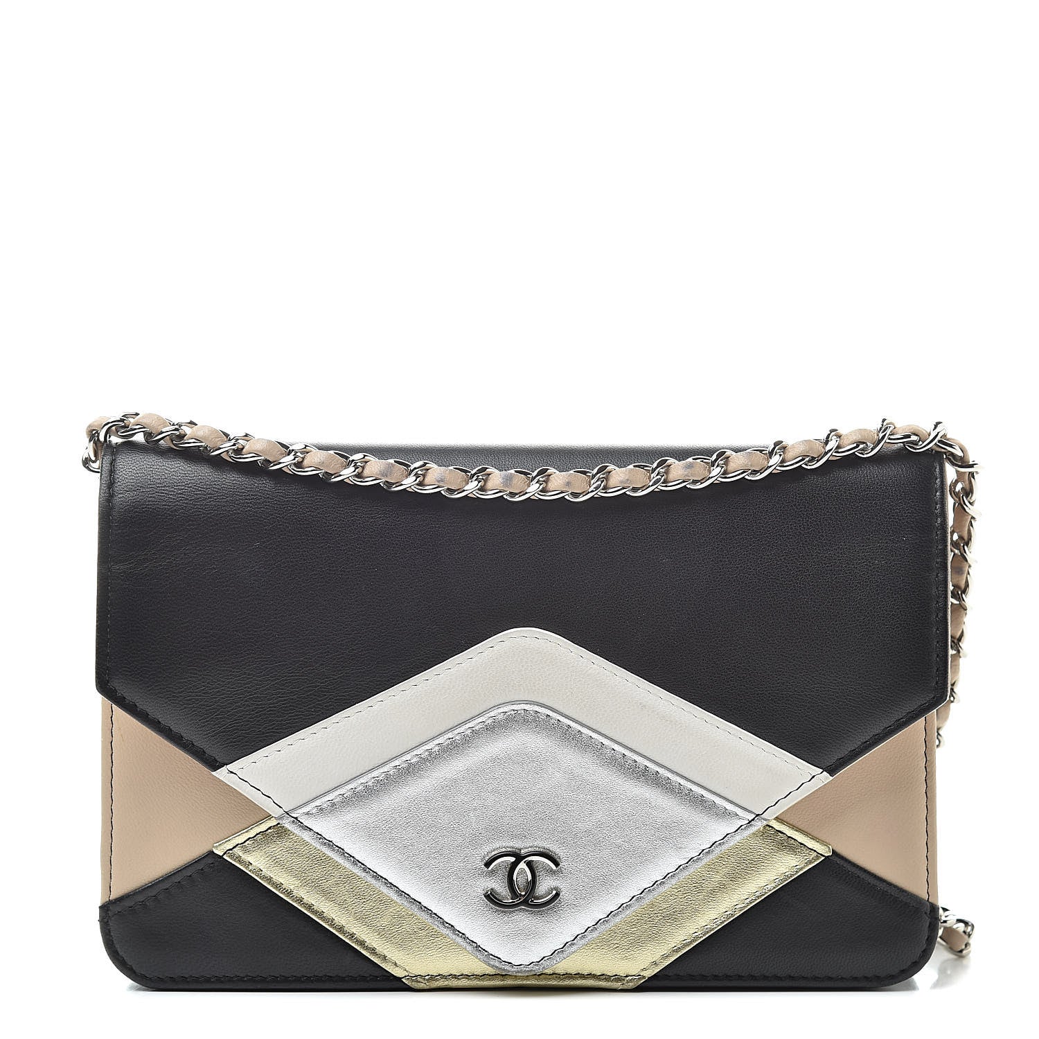 Chanel Metallic Lambskin Chevron Wallet On Chain WOC Black Beige 1 of 15