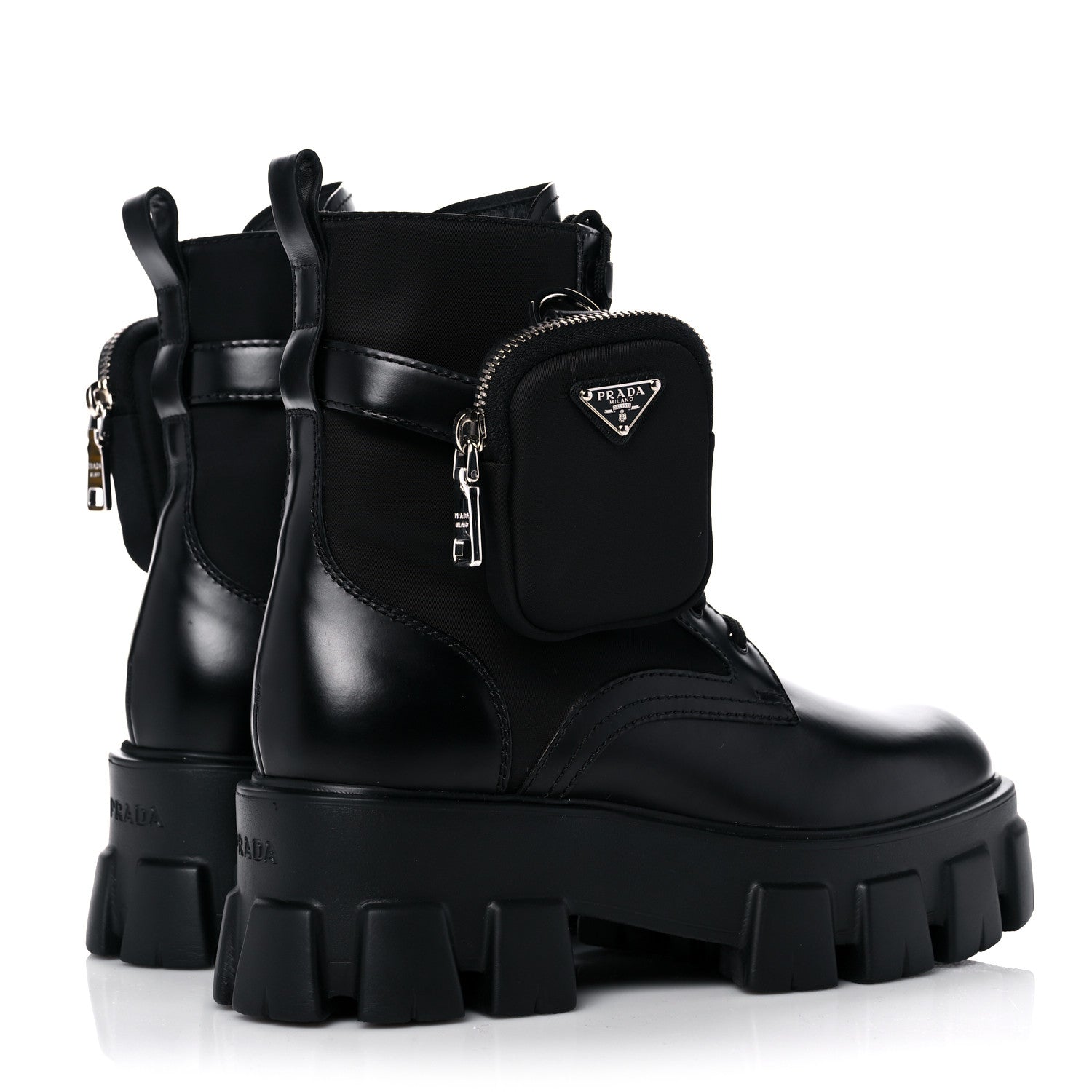 Prada Spazzolato Rois Re-Nylon Metal Triangle Logo Monolith Pouch Pocket 55mm Boots 38 Black 4 of 15