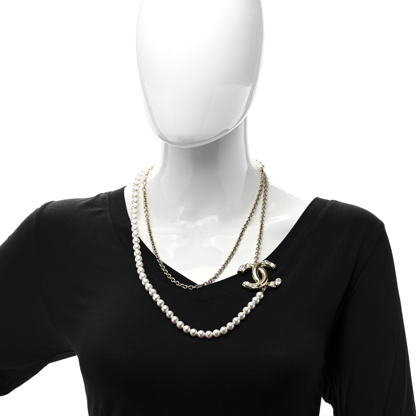 Metal Pearl Crystal Chain CC Long Necklace Gold
