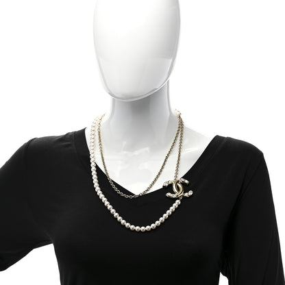Chanel Metal Pearl Crystal Chain CC Long Necklace Gold 2 of 6