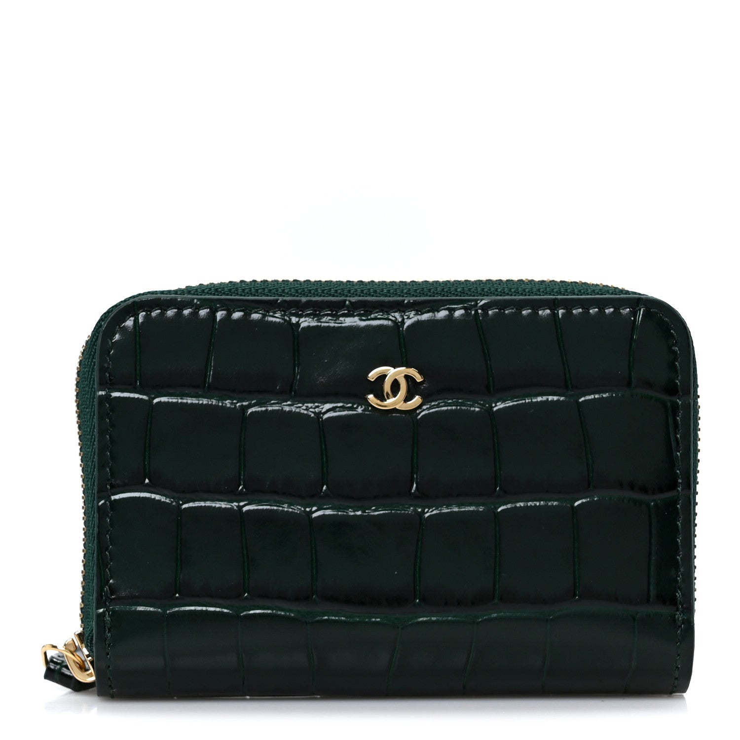 Chanel Calfskin Crocodile Embossed Crococo Zip Coin Purse Emerald 1 of 9