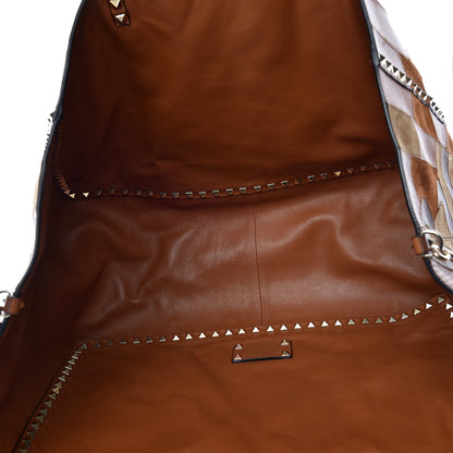 Valentino Garavani Calfskin Canvas Patchwork Medium Rockstud Reversible Tote Brown 12 of 16
