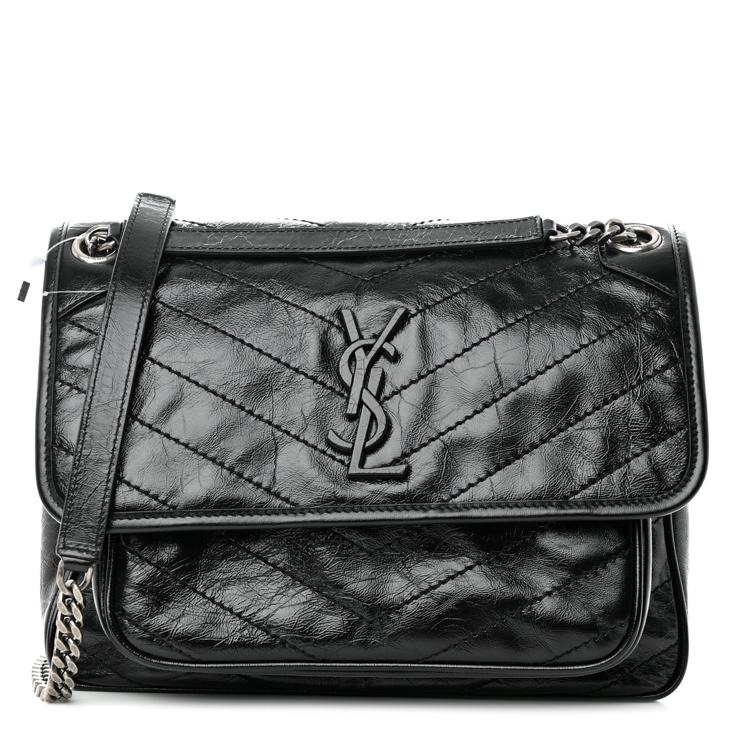 Crinkled Calfskin Matelasse Monogram Medium Niki Chain Satchel Black