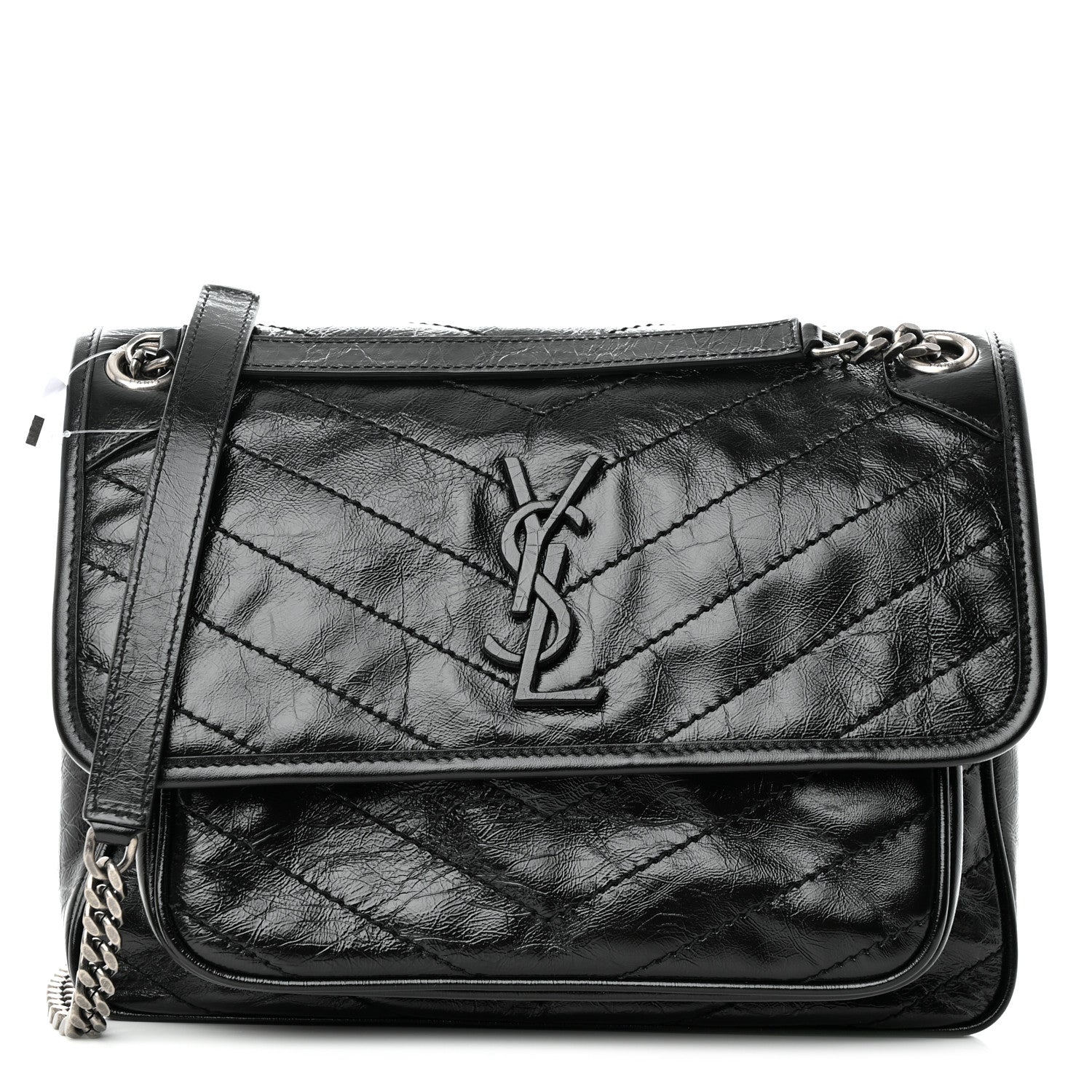 Saint Laurent Crinkled Calfskin Matelasse Monogram Medium Niki Chain Satchel Black 1 of 11