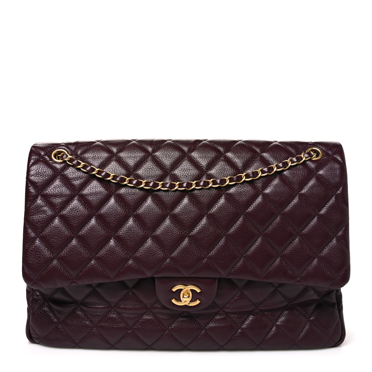 Grained Calfskin Quilted XXL Travel Flap Bag Burgundy