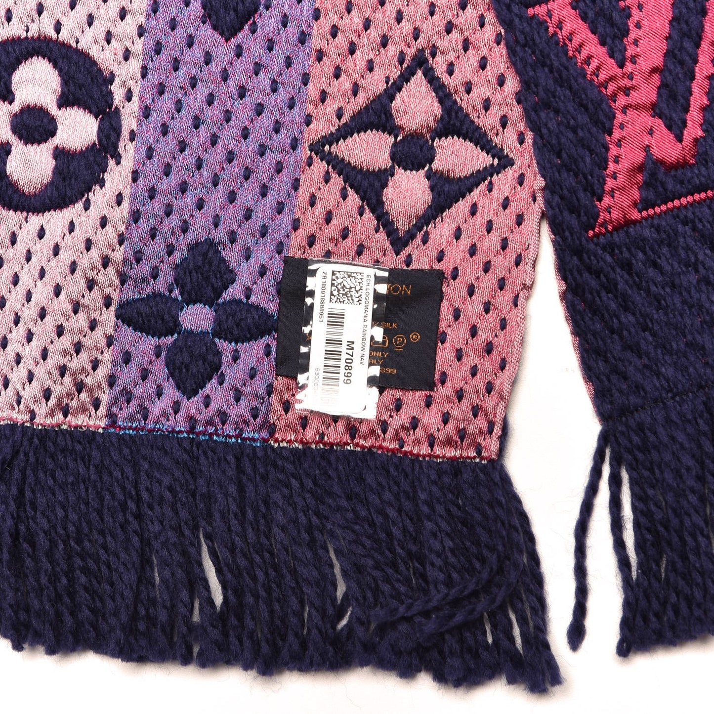 Wool Silk Rainbow Logomania Scarf Navy