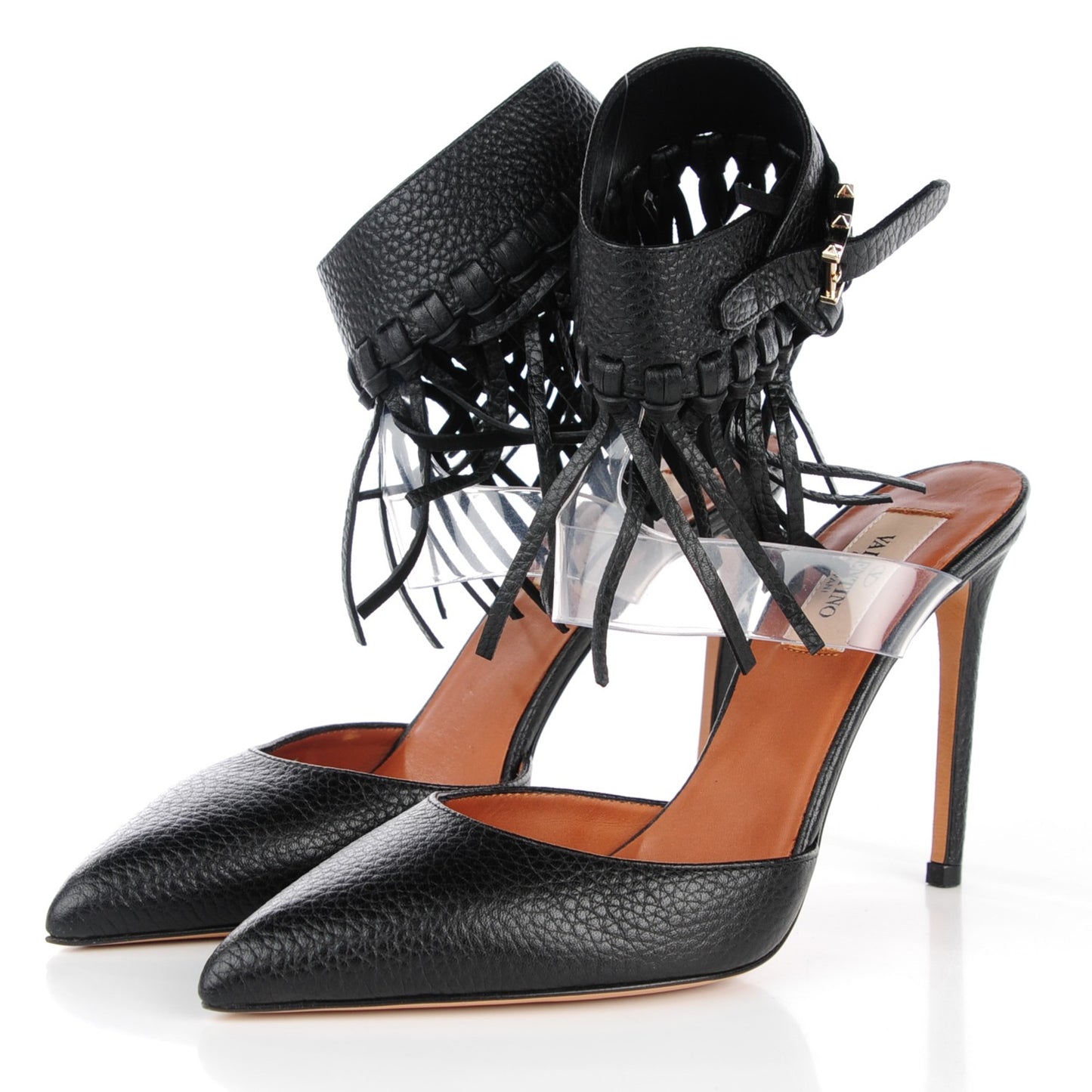 Grained Calfskin Fringe Illusion Ankle Wrap Pumps 36 Black