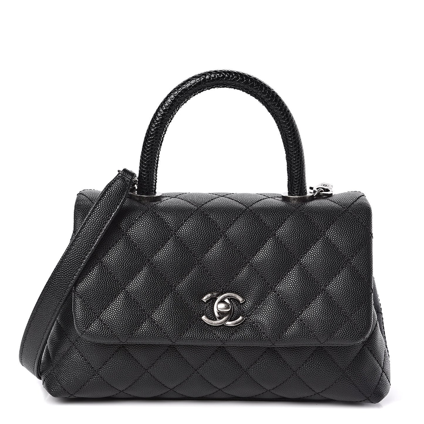 Caviar Lizard Quilted Mini Coco Handle Flap Black