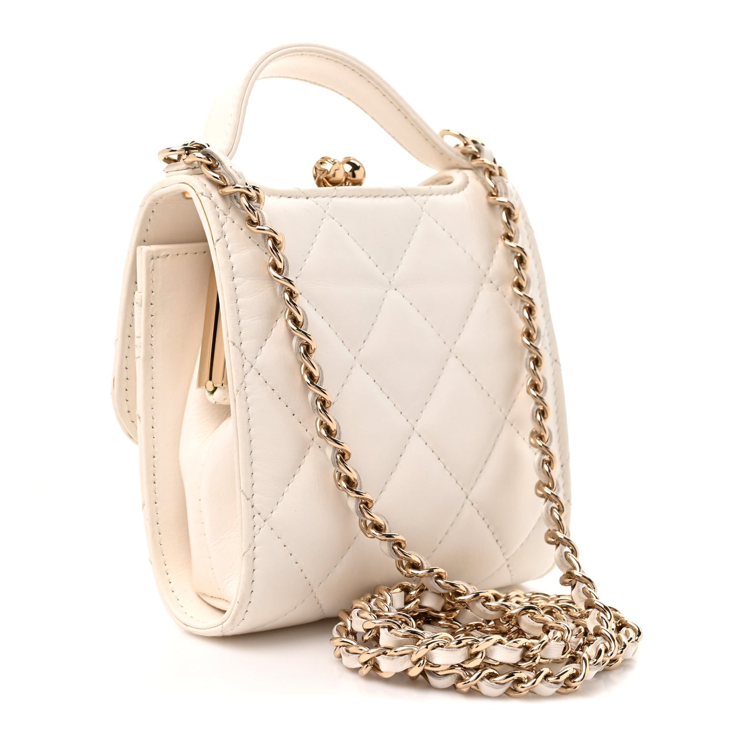 Lambskin Quilted Kiss Lock Top Handle Flap Clutch With Chain White