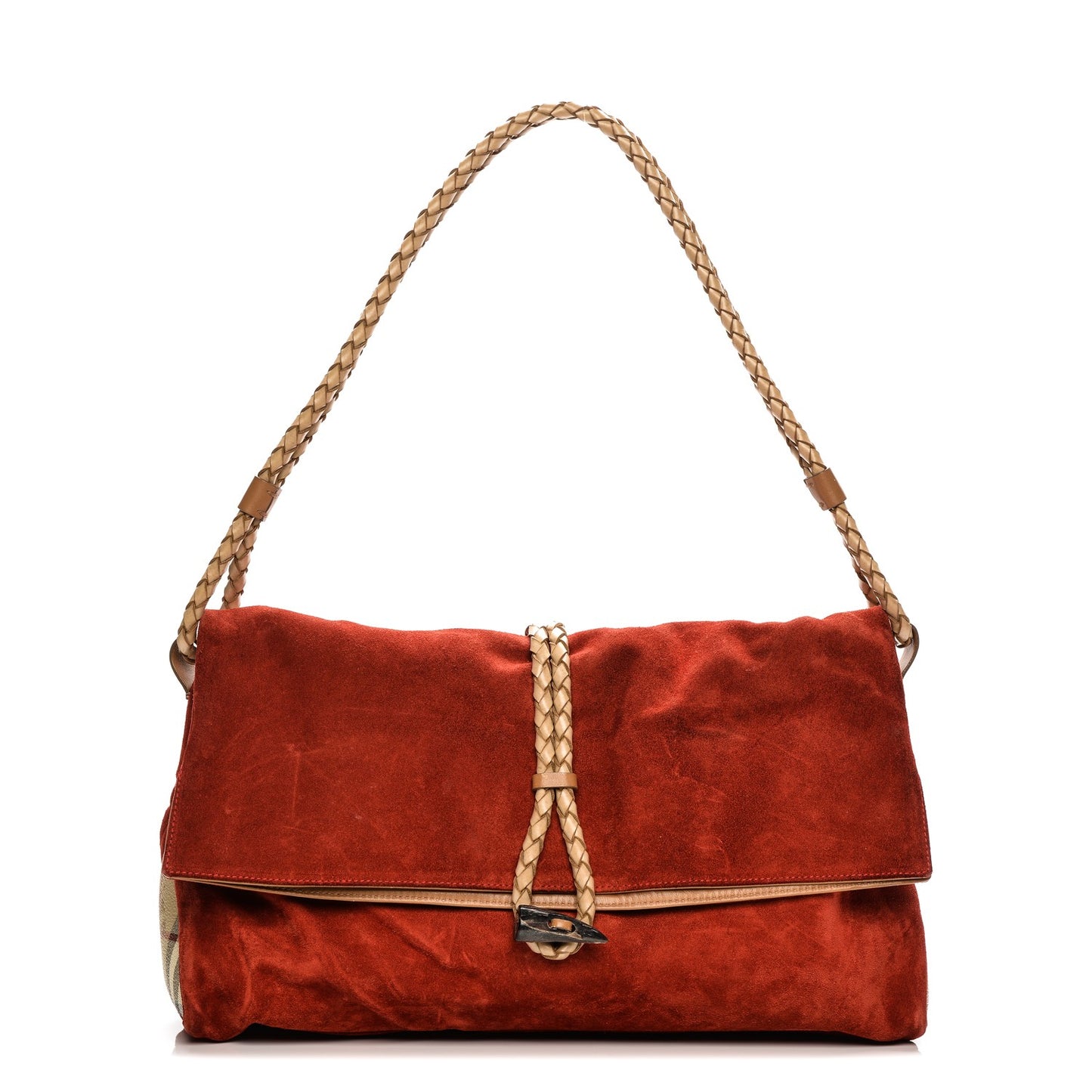 Suede Haymarket Check Horn Toggle Shoulder Bag Red