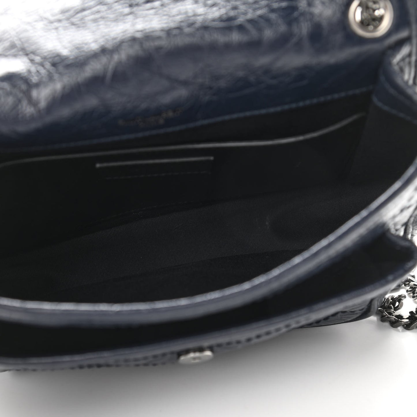 Crinkled Calfskin Matelasse Monogram Baby Niki Chain Satchel Navy