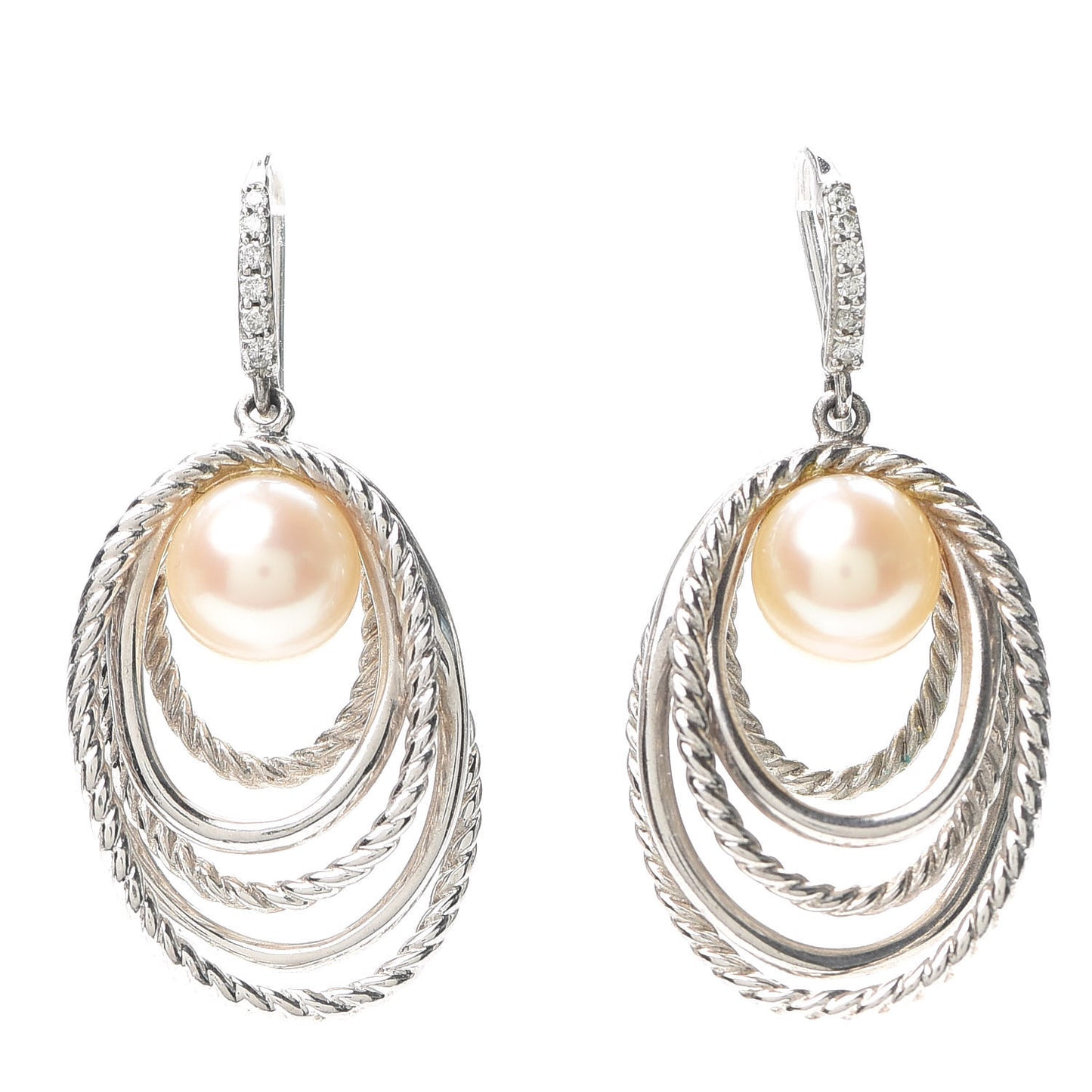 Sterling Silver Pearl Diamond Crossover Cable Drop Earrings