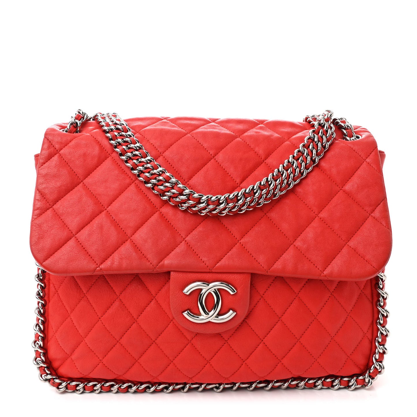 Washed Lambskin Quilted Maxi Chain Around Flap Red