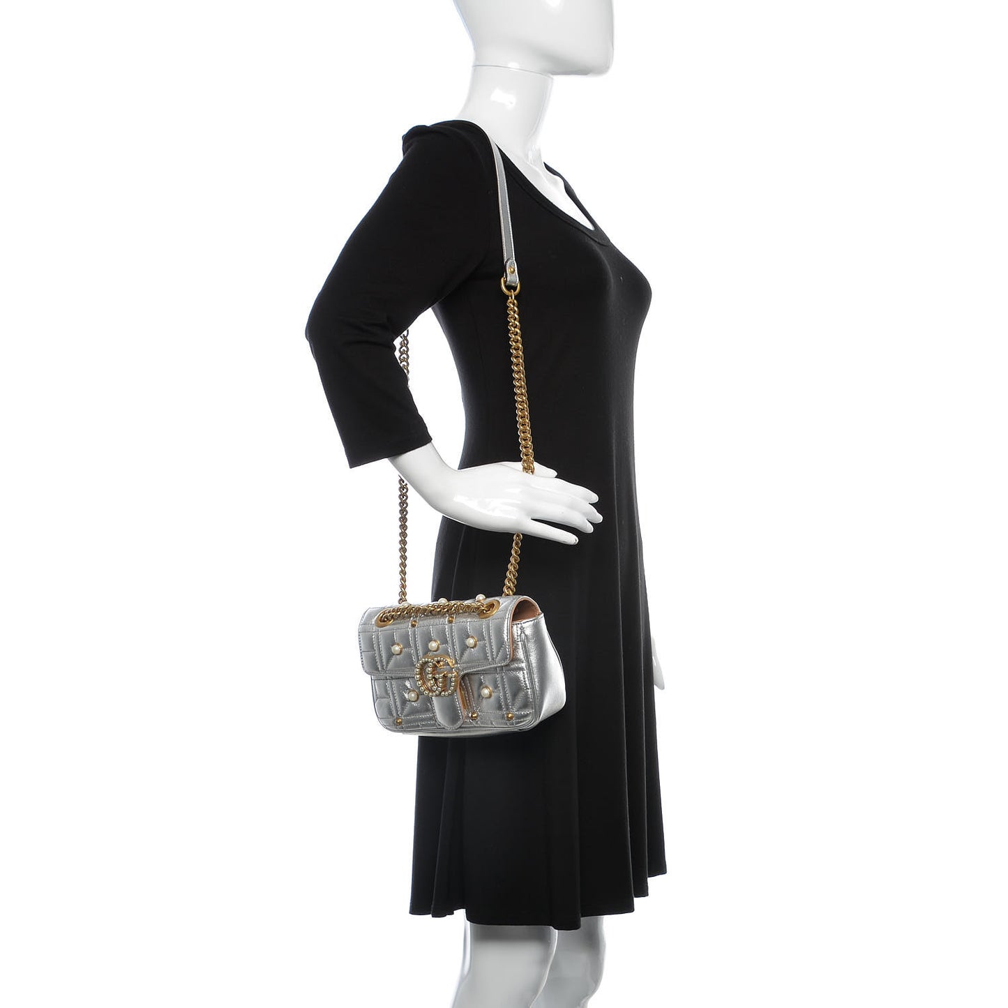 Metallic Calfskin Matelasse Studded Mini Pearly GG Marmont Shoulder Bag Silver