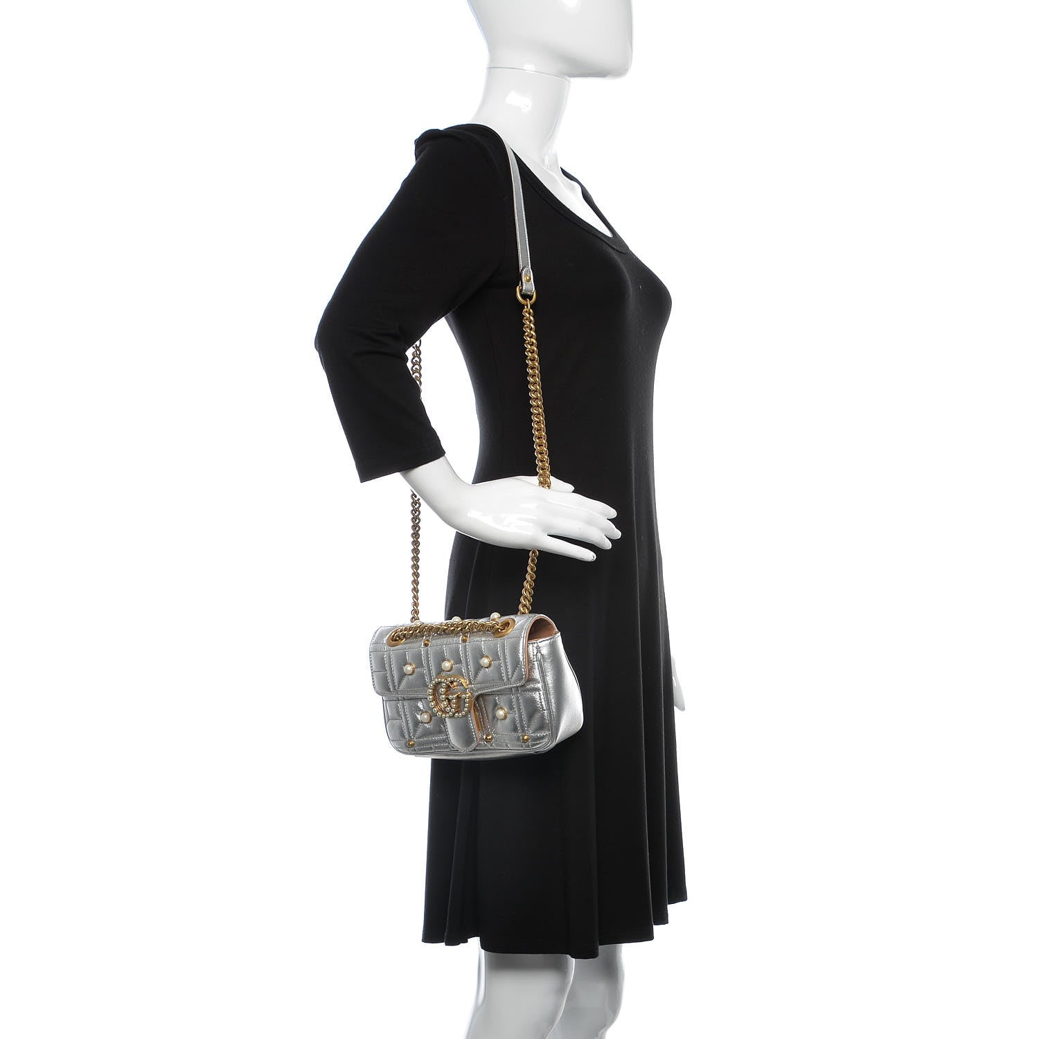 Gucci Metallic Calfskin Matelasse Studded Mini Pearly GG Marmont Shoulder Bag Silver 2 of 9