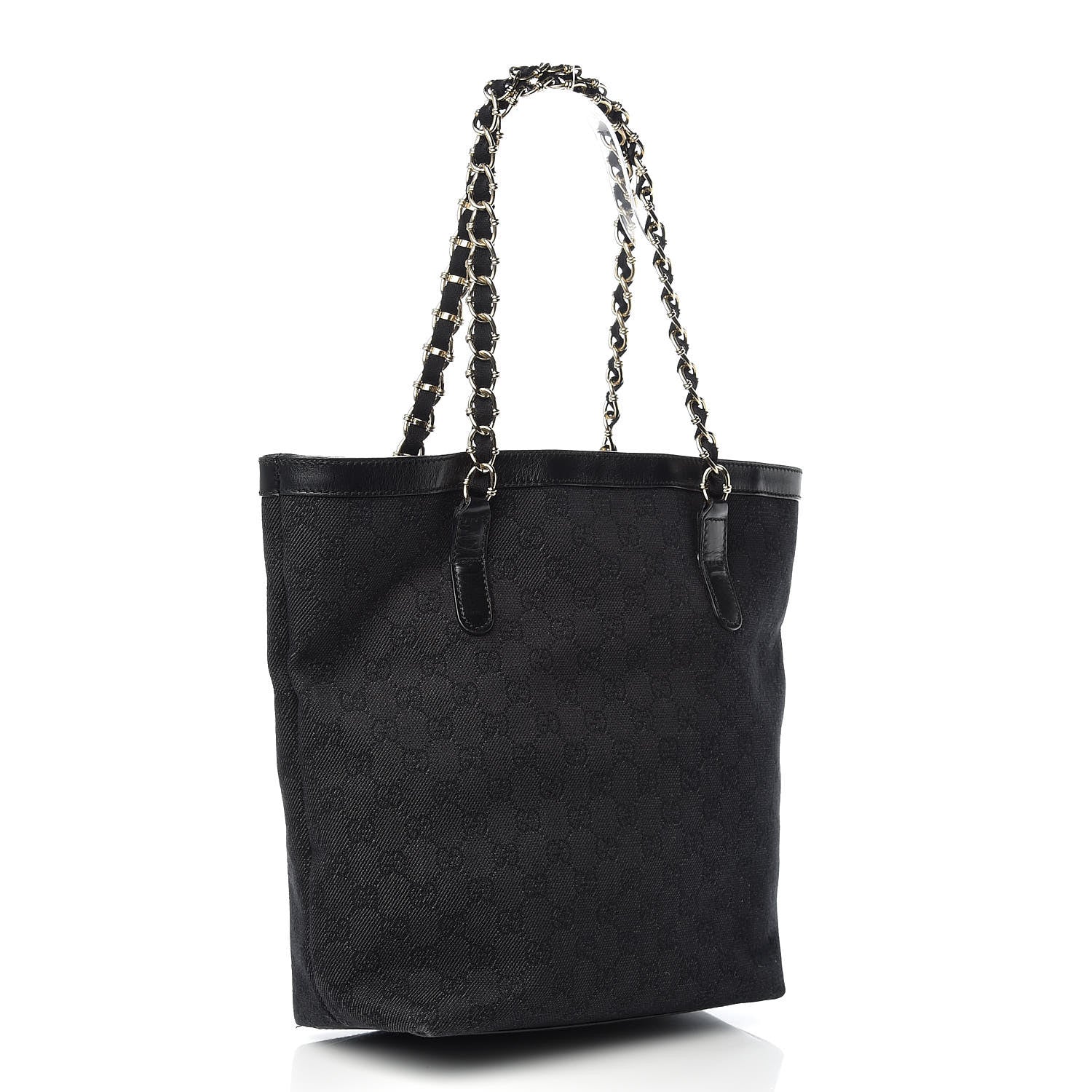 Gucci Denim Monogram Chain Bucket Tote Black 3 of 16